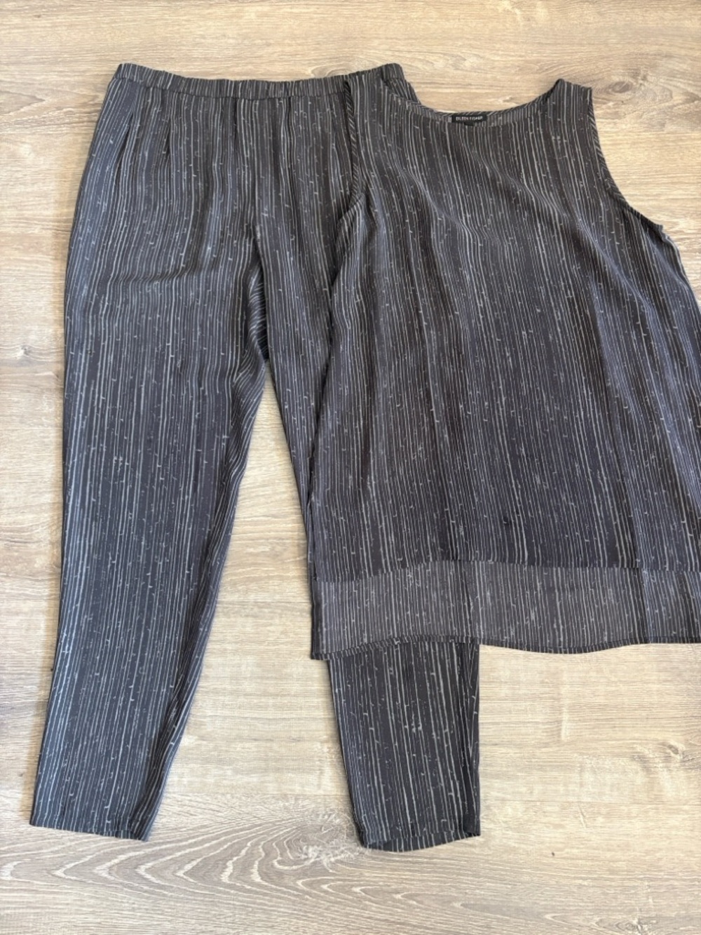 Eileen Fisher 100% Silk Black/Grey Striped Sleeveless Tunic & Straight-Leg Pants